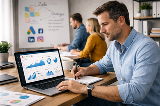 Marketing Manager im Büro bei der Arbeit