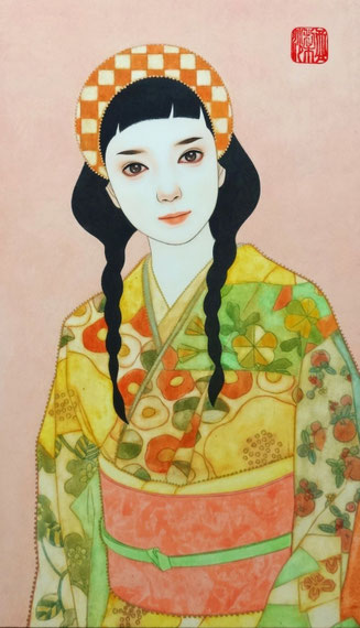 「恋」雲肌麻紙に岩絵具・水干絵具・墨・顔彩 M6