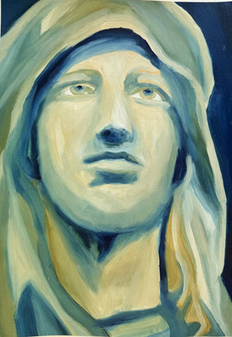 Portät in Öl auf Papier in blau und ocker