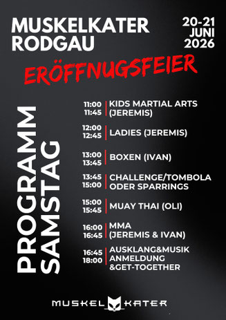 Plakat für die Muskelkater Rodgau Neueröffnungsfeier am 20. und 21. Juni i Rodgau, Seestraße 2-4