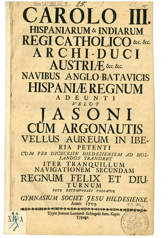 Titelbild der Grußadresse des Hildeheimer Jesuitengymnasiums an Karl III. (Bild: Stadtarchiv Hildesheim)