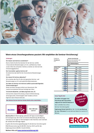 PDF-Flyer für die Seminar-Versicherung der ERGO Reiseversicherung mit Online-Buchungslink zur Corona-Covid-19-Versicherung mit Quarantäne-Maßnahmen