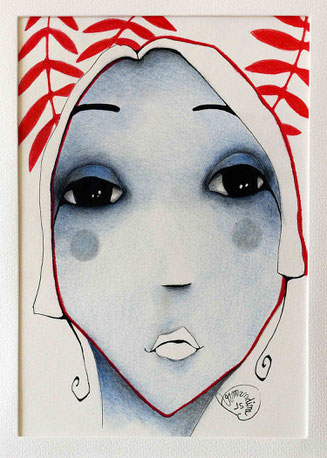 portrait de femme réalisée aux crayons de couleur avec une dominante de couleur bleu et feuillages rouge