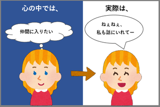 「私も話に入れて」と言いながら女性が笑っている図