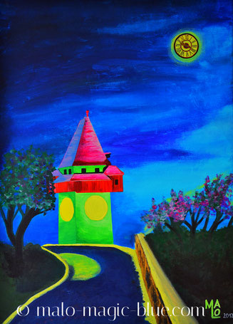 acryl, andenken, bauwerk, blau, geheimnisvoll, gemälde, graz, historisch, kunst, magisch, malerei, mond, nacht, schlossberg, steiermark, surreal, surrealismus, tourismus, turm, turmuhr, uhr, uhrturm, vollmond, wahrzeichen,  Ziffernblatt,  Österreich