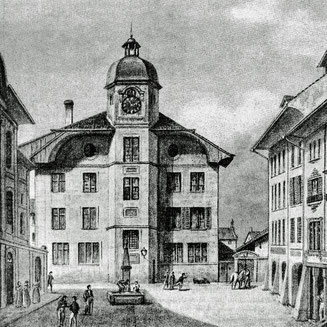 Das alte Schulhaus im ehemaligen Kloster an der Herrengasse, 1905 abgerissen. Foto: Berner Woche Nr. 23, 1934, S. 360.