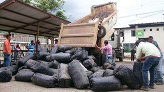 Cargamento de forraje en sacos de plástico que el MAGAP entregó a los ganaderos de La Laguna y Julcuy. Montecristi, Ecuador.