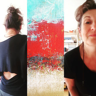 Pascale White photographiée de face et de dos, travaillant dans son atelier ainsi qu'une de ses peintures visible au centre.