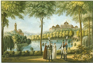 Cortesanos en los jardines del Palacio de El Ejido (circa 1850).