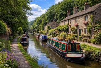 Narrowboats liggen afgemeerd langs een schilderachtig Brits kanaal met bloemen en historische huizen in de zomer.