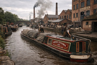 Historische narrowboat als vrachtschip op een industrieel Engels kanaal met pakhuizen, rook en arbeiders rond 1900.