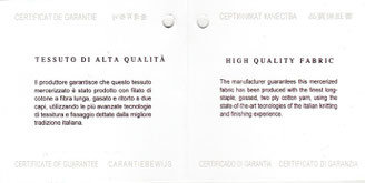 Il produttore garantisce che questo tessuto è stato prodotto con filato di cotone a fibra lunga, gasato e ritorto a due capi, utilizzando le più avanzate tecnologie di tessitura e fissaggio dettate dalla migliore tradizione italiana.