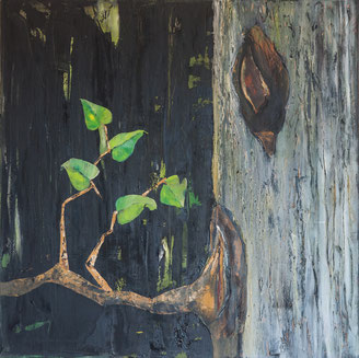 Margret Fischer, Malerei, Natur,  Acryl,schwarz, grau, braun, grün, Baum, Stamm, Zweig, Blätter