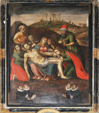 Sant'Antonino - Eglise de l'Annonciation - Déploration du Christ avec 4 donateurs -  OCHT OP[U]S FEC[I]T ANTONE CARLO Q. PIETRO MARCELLI DE SANTO ANTONINO A DIE PRIMO IENOAR[I]O 1602