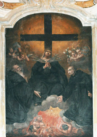 Ortiporio - Saint Augustin et saint Filippo Benizzi intercèdent en faveur des Ames du Purgatoire auprès de la Vierge des Sept Douleurs - Marc Antonio De Santis - 1678 (voir l'article de M.-E. Nigaglioni in Les Servites de Marie p. 797)