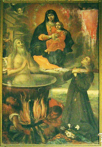 Belgodère - Chapelle San Giovanni - Pietr'Antonio Rossi (1692- actif jusqu'en 1722) - sans doute en rapport avec le commanditaire, saint Antoine de Padoue qui vécut au XIIIè s. assiste à la scène.