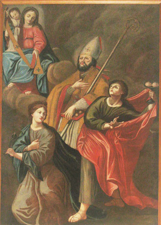 Ajaccio- Eg.Saint-Roch-Vierge à l'Enfant au scapulaire, Saint Roch, Sainte Agathe à droite et Sainte Apolline à gauche