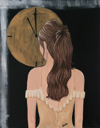 Japanese Nihonga painting surrealism surreal painting brown haired girl with ponytail in golden princess dress standing from behind looking at the golden moon clock artwork for your home art for sale