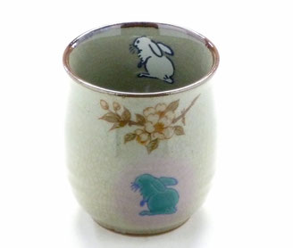 九谷焼【お湯呑】大 白兎しだれ桜【中裏絵】(緑)