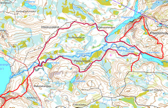 Wanderkarte des Syöte-Nationalparks in Lappland – markierte Routen durch Wälder, Moore und Fjelllandschaften