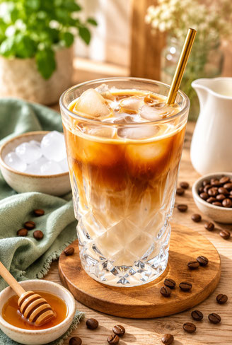 Iced Honey Latte mit Espresso, Honig, Milch und Eiswürfeln in einem Glas – erfrischendes Kaffeegetränk für den Sommer. 