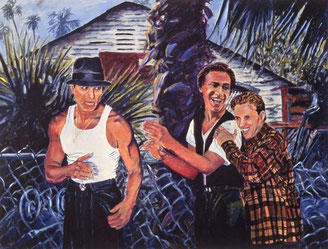 blood in blood out movie, bound by honour, vatos locos, adan hernandez, merchandise, chicano noir, cheech marin collection, carnalismo, artwork, poster, print, painting, drawing, estate of adan hernandez, legacy, paco, cruz, miklo