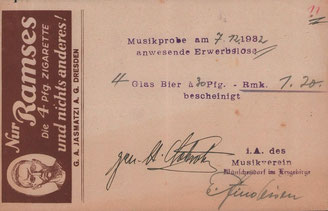 Bild: Musikverein Wünschendorf Erzgebirge Quittung 1932