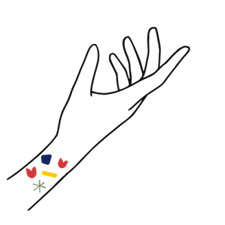 illustration main ouverte vers le haut poignet décoré avec formes colorees symbolisant un bracelet