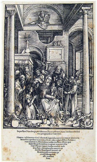 Albrecht Dürer "Glorificazione della Vergine", colophon dell'edizione di Norimberga del 1511.