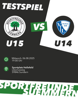 Bild mit Sümmern Logo und VFL Bochum Logo. Überschrift liest sich "Testspiel". Darunter stehen die Anstoßzeit (Mittwoch, 08.06.2025 - 19 Uhr) und der Spielort (Sportplatz Hellefeld am Liboriusweg in Sundern)