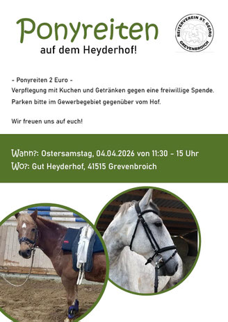 Am Ostersamstag laden wir die Kinder herzlich ein, unsere Ponys kennenzulernen und ein paar entspannte Runden zu drehen. Für den kleinen Hunger zwischendurch ist ebenfalls gesorgt - es gibt leckeren Kuchen und kühle Getränke.  Kommt vorbei, wir freuen uns