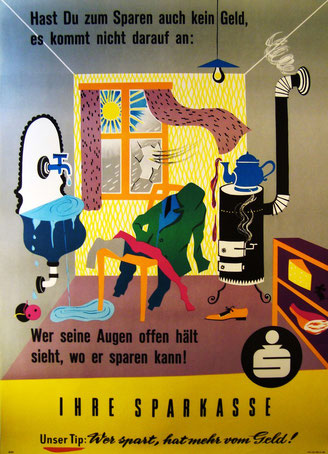 Sparwerbung: Plakat zeigt eine Bruchbude. Sparkasse 1959.