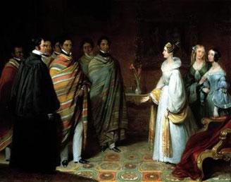 Mariana se entrevista con el Cacique de Sangolquí, por Antoine Wiertz (1837). A la derecha aparecen dos de sus damas más jóvenes: Teresa Jado y Antonia Sánchez de Orellana.