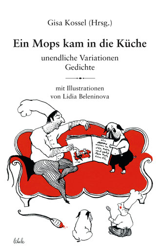 Mops und Koch auf rotem Sofa: Buchcover, gezeichnet von Lidia Beleninova, mit Versen u.a. von Laelia Kaderas
