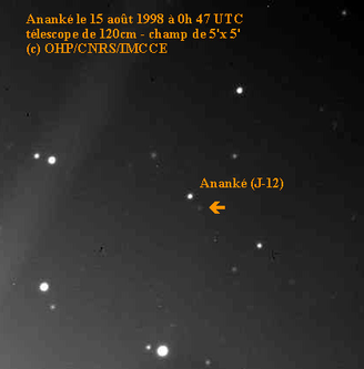Ananke, aufgenommen am 15. August 1998 vom Haute-Provence-Observatorium im Südosten Frankreichs. Der heller Schein links unten stammt von Jupiter.