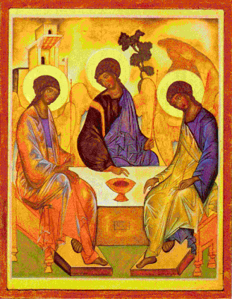 Die Ikone von Rublev ist Ausdruck alter östlicher orthodoxer Denkweise: Vater, Sohn und Heiliger Geist sind drei fast gleichgestaltete Personen, der Geist sitzt auf Augenhöhe und an einem gemeinsamen Tisch, dem Vater und Sohn gegenüber.