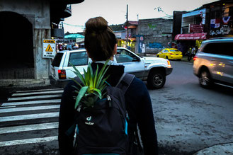 Femme portant un ananas dans son sac à dos dans une rue très fréquentée.