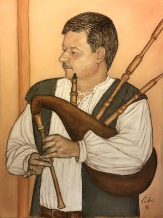 Portrait Musiker Dudelsackspieler Pastellkreide Zeichnung Kunst  Heike Lüders