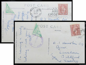 Two postcards to Guildford showing the 1953 1d. bisected. 3rd September 1953.