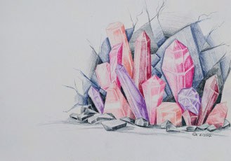 Buntstiftstudie "Kristall": rosa und lila Kristalle