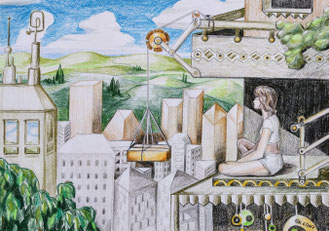 Buntstiftillustration "Meditation": junge Frau meditiert in Großstadtszene
