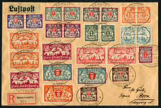 27.8.1923 Danzig, R-FLP Brief mit portogerechter Inflationsfrankatur, Danzig-Berlin mit DAL, Berlin-München mit JUNKERS-LUFTVERKEHR, München-Zürich mit AD ASTRA, Transit-, respektive AKSt. von "Berlin Luftpost und "Schweizer Flugpost" Bern, 29.8.1923.