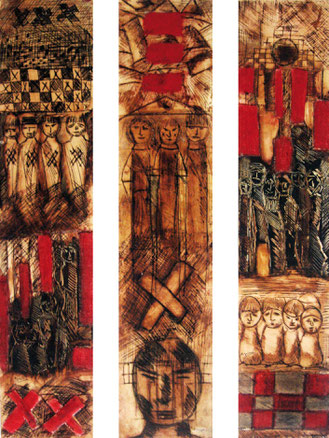 Etapes partagées,  triptych 3x15x75 cm, Mixed media on paper.