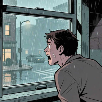 A young man is looking through a window, with a scary look in his eyes.