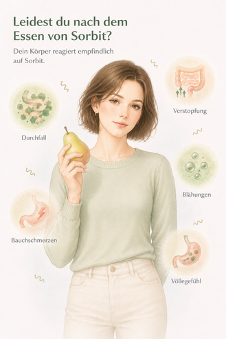 Illustration einer Frau mit Birne in der Hand und typischen Symptomen einer Sorbitintoleranz wie Blähungen, Bauchschmerzen, Durchfall und Verdauungsbeschwerden.