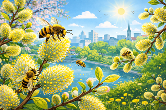 Salweide mit Bienen im Frühling
