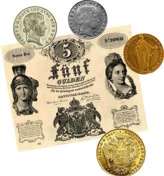 Münzen und eine Banknote um 1850