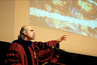 Professor, David Carrasco lecturing on the Artwork of George Yepes, "Re-Imagination of the Sacred", at Harvard University.