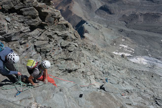 Matterhorn, Horu, Hörnligrat, Bersteigen, Zermatt, Schweiz, untere Moseleyplatte