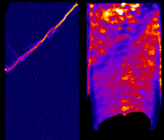 3D observation of a deformed porous rock sample saturated with water. The shear band is observed on the left by X-ray tomography, and the speed of the water front is monitored by neutron imaging (on the right)